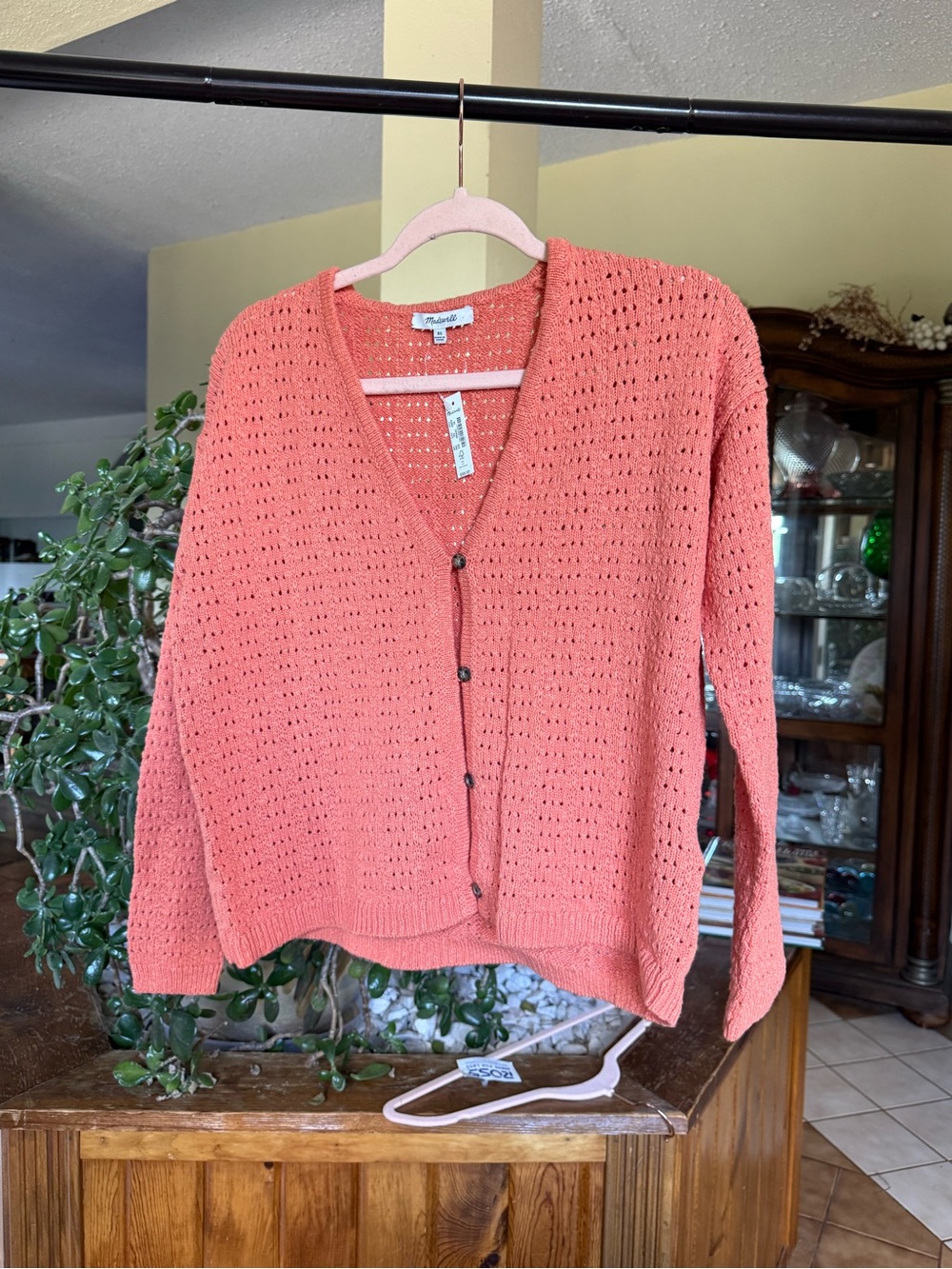 Madewell Coral Open-Weave Button Cardigan